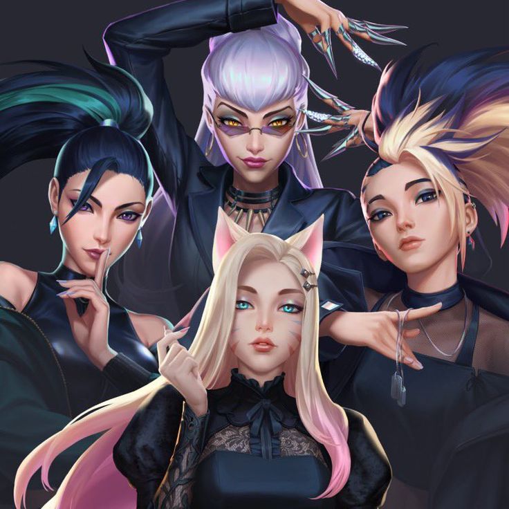 K/DA members Ahri, Akali, Evelynn, and Kai'Sa in stylish outfits, showcasing the virtual K-pop group's blend of music and gaming culture from League of Legends.