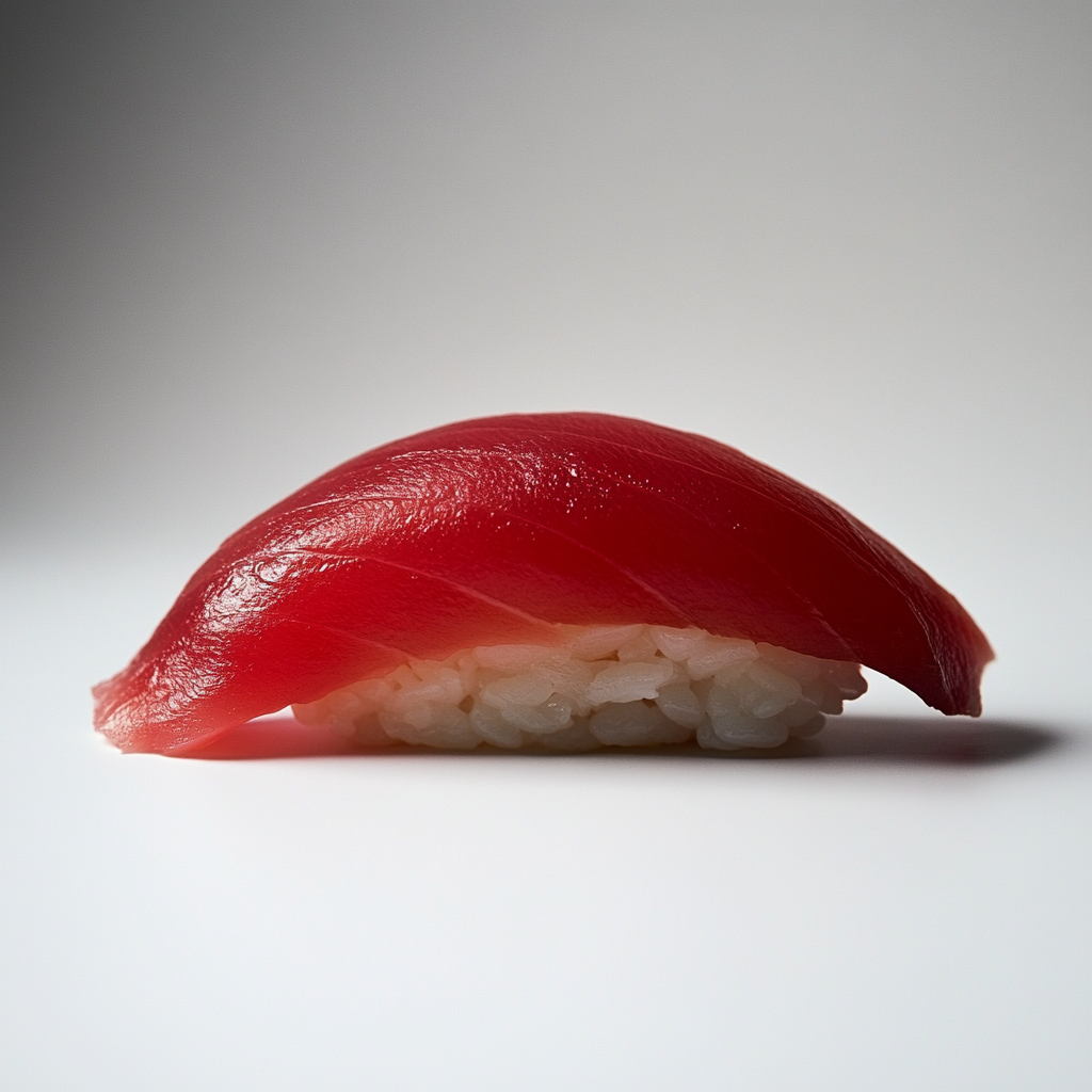 Close-up of a fresh tuna nigiri sushi piece with vibrant red tuna atop perfectly shaped white rice, showcasing traditional Japanese cuisine.