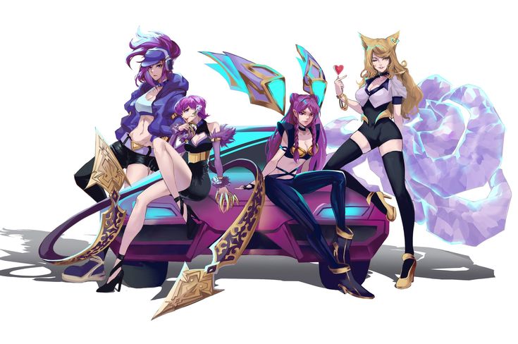 K/DA virtual members Ahri, Kai'Sa, Akali, and Evelynn in their iconic outfits, representing the League of Legends K-pop-inspired group.