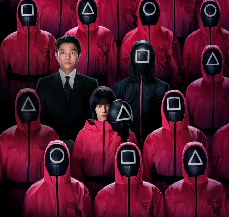 Squid Game Season 2 promotional image featuring Gong Yoo, a masked recruiter, and guards in pink suits with shapes representing game roles.