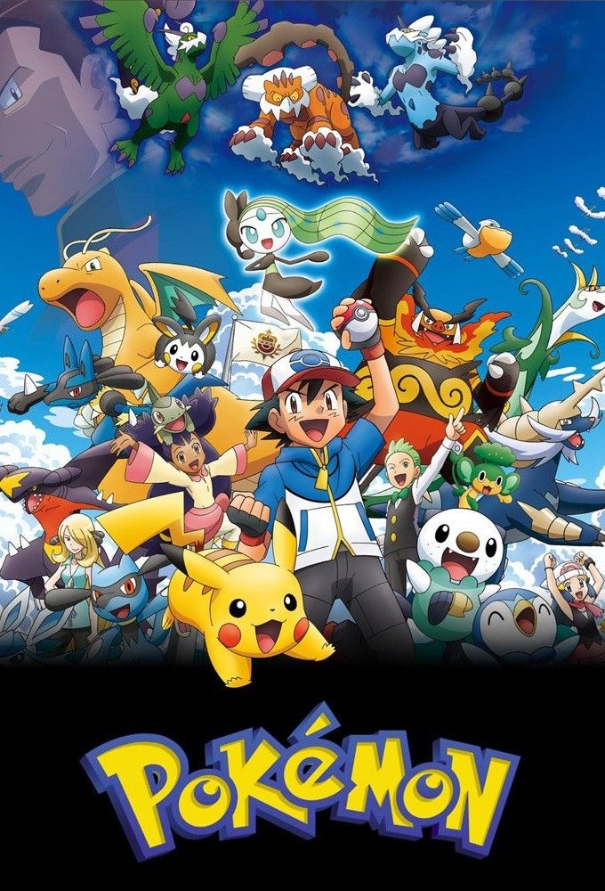 Group illustration of Ash Ketchum, Pikachu, and multiple legendary and popular Pokémon characters from the anime series, celebrating the spirit of Pokémon adventure.